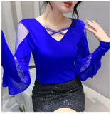 Znbbw Spring Summer T-shirts Women V-neck Ruffles Long Sleeve Solid Mesh Elastic Tops Tees Female Fashion Diamonds T Shirt