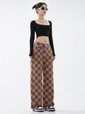 znbbw Women's Casual Vintage Plaid Wide Leg High Waist Jeans Pants 2023 Spring Hip Hop Streetwear Loose Straight Denim Trousers