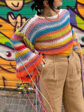 Znbbw Stripe Print Smock Top Women Knitted O Neck Tassel Full Sleeve Crop Top Crochet Vintage Korean Grunge Tee Fashion Aesthetic