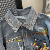 Znbbw Vintage Blouses Embroidery Turn Down Collar Short Sleeve Jean Shirts Summer Fashion All Match Tops Casual Women Clothes