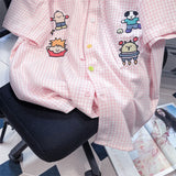Znbbw Vintage Blouses Cartoon Embroidery Plaid Lace Up Tops Button Cardigan Summer Cute Sweet Peter Pan Collar Girl Shirts