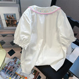 Znbbw Sweet Blouses Peter Pan Collar Puff Sleeve Tops Lace Up Embroidery Shirts Summer Preppy Style JK Women's Clothing 2024