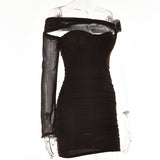 Znbbw One Sleeve Backless Sexy Mini Dress For Women Robe Two Layer Mesh Strapless Skinny Club Party Short Dress Vestido