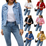 Znbbw Women's Denim Jackets Fashion Female Casual Long Sleeve Lapel Solid Button Down Chest Pocket Slim Jean Jacket Fall Winter Coat