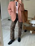 Znbbw Leopard Print Women Pants Retro High Waist Zipper Pockets Straight Trousers 2024 Spring Y2k Lady Casual Loose Denim Pant