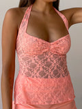 Znbbw Women Lace Halter Tie Up Tank Tops Sexy Low Cut See Through Backless Patchwork Tops Fairy Grunge Vest Tops Streetwear