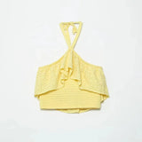 Znbbw Women Yellow Lace Halter Sexy Top Knitted Elastic Ruffles Hollow Out White Crop Top Summer Autumn Cotton Camis 2024