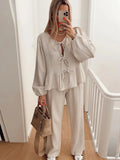 Znbbw Print Women's 2-piece Pants Set Lace Up Lantern Sleeve O-neck Top Loose High Waist Pant 2024 Spring Lady Casual Outfits