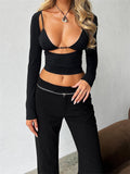 Znbbw Women Sexy Cutout Black T-Shirts Grunge Punk Style Long Sleeve Low Cut Deep V Slim Cropped Tops Casual Streetwear Tees