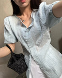 Znbbw Short Sleeve Shirts & Blouses Single Breasted Blusas Korean Ins Camisas Round Neck Ropa Mujer Summer 2024 New Tops