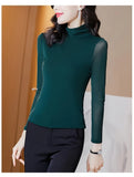 Znbbw Solid Mesh T-Shirts Tees Female Full Sleeve Turtleneck Slim Tshirt Base Simple Tops For Women Spring Fall