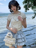 Znbbw Sweet Matching Sets Floral Heart Draw String Crop Tops High Waist Ruffles Mini Skirts Summer Y2k 2000s Girl Clothing