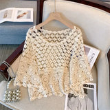 Znbbw crochet hollow lace western-style half sleeved top, women's loose versatile cover up, sun protection , beach shirt