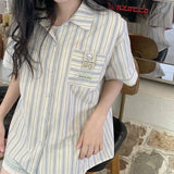 Znbbw Summer Women Striped Shirt Japanese Fashion Streetwear Short Sleeve Tops Y2K Casual Female All Match Shirt New