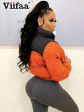 Znbbw Winter Jacket Women Stand Collar Patchwork Puffer Parka Outwear Elastic Hem Warm Zipper Front Crop Coats