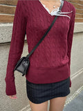 Znbbw Twisted Flower Knitted Sweater For Women Autumn Winter Cotton V Neck Slim Pullovers Tops Sweet Preppy Style Jumper Y2k