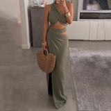 Znbbw Women Two Piece Set Fashion Sexy Solid One Shoulder Sleeveless Top Loose Slit Cutout Long Skirt Sets High Streetwear