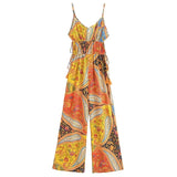Znbbw Print Bohemian Wide Leg Long Pants Jumpsuit Women Summer New Overalls Spaghetti Strap Loose Casual Boho Jumpsuit Tassel