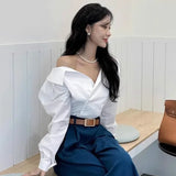 Znbbw Shirts Blouses Elegant Feminino Blusas Mujer Full Sleeve Camisas Clavicle Exposed Ropa Spring Lapel Womens Clothing