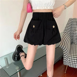 Znbbw Oversized Loose Bloomer Shorts Women Summer High Waist Korean Pocket Shorts Femme Solid Elastic Buttons Casual Bloomers