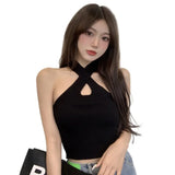 Znbbw Women's Korean Version Vest With Cross Hanging Neck And Hollow Out Sexy Slim Fitting Exposed Navel Knitted Vest