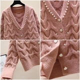 Znbbw new fashion all-match knitted outer wear sweater Sweet beaded V-neck knitted cardigan women's spring