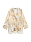 Znbbw TRAF Summer Tie Dye Print Women Casual Blouse V Neck High Low Hem V Neck Long Sleeve Satin Shirt Female Top