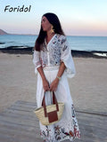 Znbbw Marine Organism Embroidery Batwing Sleeve Summer Spring Maxi Skirt Set Cotton White Tassle Dress Set Outfits Button Suit