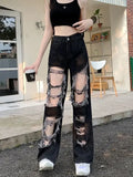 Znbbw Broken Hole Jeans All-Match Distressed Women High Street Hip Hop High Waist Straight Loose Trousers Y2k Washed Mopping Pants