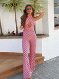 Znbbw Geometric Print Summer summer Backless Jumpsuit Sleeveless Halter Wide Leg Pink Pants Overalls Front Cut Retro Jumpsuit
