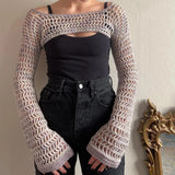 Znbbw Y2K Knitted Crochet Crop Tops Hollow Out Loose O Neck Long Sleeve Smock Tops Women Retro Tee Chic Knitwear Streetwear