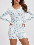 Znbbw Floral Print Sleep Rompers Women's Long Sleeve V Neck Buttons Shorts Playsuit Fall Spring Female Loungewear Outfit