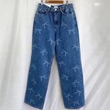 Znbbw Chic Bow Prrint Pantalones Mujer Women Wide Leg Denim Pants Straight Ropa Mujer 2024 Spring Pockets Womens Clothing