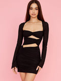 Znbbw Square Collar Ruched Dress Women Sexy Long Sleeve Elegant Bodycon Hollow Out Low Cut Black Sheath Dress Female vestido