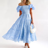 znbbw Chic Hollow Out Check Pattern Party Dress Ladies Square Collar Puff Sleeve Maxi Dress Women Slim Pleat Temperament Dress