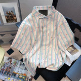 Znbbw Sweet Blouses Short Sleeve Striped Print Aesthetics Shirts Tops Summer Preppy Style All Match Y2k 2000s Girl Clothing