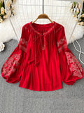 Znbbw Versatile Embroidery Shirt Women's Spring Autumn 2023New V-Neck Long Sleeve Bohemian Loose Blouse Womens Tops G06