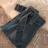 Znbbw Belt Denim Mini Skirt Women Y2K Streetwear A Line Jeans Skirts Harajuku High Waist Black Casual All Match Chic Skirt New