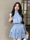 Znbbw Elegant Matching Sets Halter Sleeveless Tops High Waist Ruffles Stitching Mini Skirt Summer Fashion Design Women Clothing