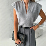 Znbbw 2 Piece Set Autumn Women Office Solid V Neck Sleeveless Vest Top Casual Loose Wide Legs With Pockets Pants Set Streetwear