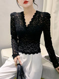 Znbbw New V-neck Slim Fit Long Sleeve Lace T-shirt for Women V Neck Slim Cropped Tops T Shirts Female Stretch Tee