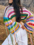 Znbbw Stripe Print Smock Top Women Knitted O Neck Tassel Full Sleeve Crop Top Crochet Vintage Korean Grunge Tee Fashion Aesthetic