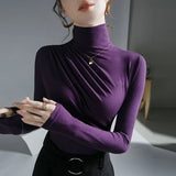 Znbbw Women Turtleneck Full Sleeve Folds T Shirts Lady High Quality Elegant Elastic Tops Tees Female T-Shirt
