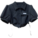 znbbw Style High Waist Shirts Women Puff Sleeve Crop Top Lace Up Design High-street Elegant Fashion Vintage Solid White Black