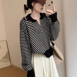 Znbbw Sweater Female 2024 Korean Women Autumn Academy Sweater Loose and Slim Versatile Striped Top Long Sleeve Knit Sweater