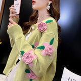 Znbbw Female 2024 Spring and Autumn Knitwear Women Heavy Industry Rose Blossom Embroidery Contrast Sweater Coat Cardigan