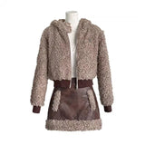Znbbw Warm Elegant Two Piece Set Women Sweet Korea Casual Skirt Suits Female Cute Hooded Coat + Leather Y2k Skirt Winter 2024