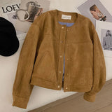 Znbbw Suede Cropped Jacket Women Harajuku Casual Bomber Coat Streetwear Korean Camel Single Breasted Loose Outerwear Tops New