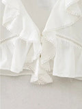 Znbbw TRAF 2023 Women Sexy Front Ruffles Cropped Shirt High waist Short Blouse Short sleeve French White Tops