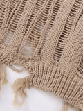 Znbbw TRAF Women Fashion Hem Ripped Knitted Sweater Female Chic O Neck Frayed Cropped Jumper Casual Loose Street Pullovers